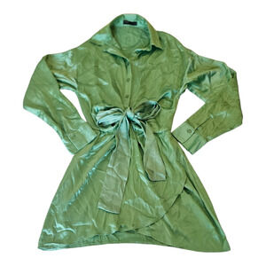 Pull & Bear Small Green Long Sleeve Partial Button Up Mini Dress